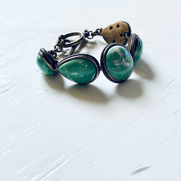 Lucky Brand Pave Faux Turquoise Cabochon Bracelet Antique Silver Tone Western - Picture 5 of 10